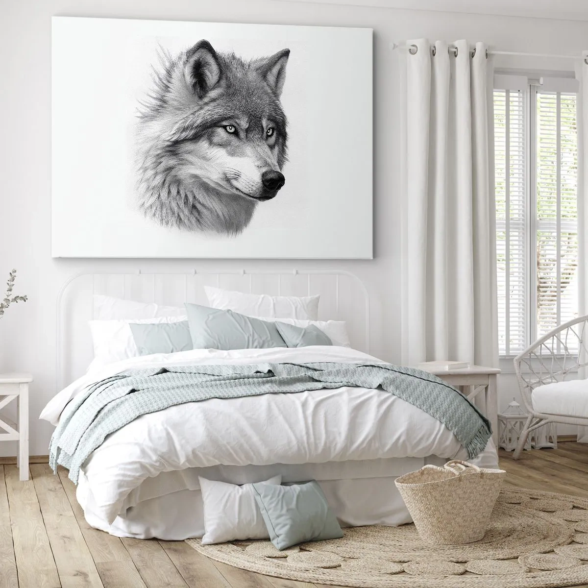 Bild auf Leinwand - Leinwandbild - Ein realistisches Porträt eines Wolfes in Grautönen. - 70x50cm - Alpha – ohne Zweifel - Moderne Wanddekoration für Wohnzimmer und Schlafzimmer ARTTOR