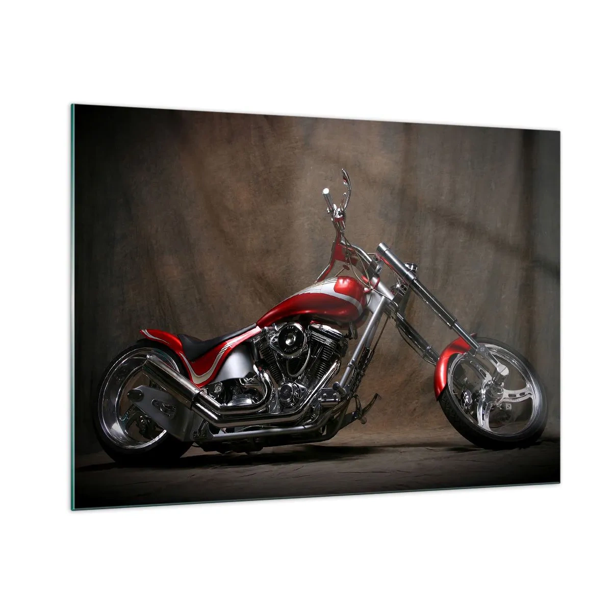 Glasbild - Bild auf glas - Rotes Custom-Motorrad auf dunklem Hintergrund - 100x70cm - Rote und silberne Schönheit - Moderne Wanddekoration für Wohnzimmer und Schlafzimmer ARTTOR