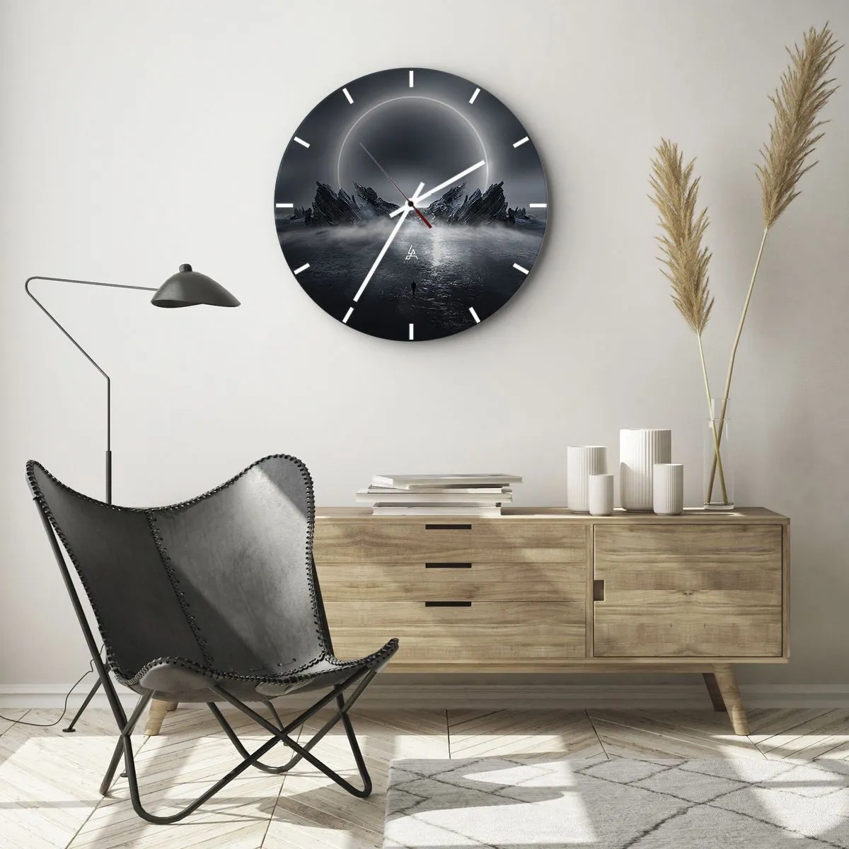 Wanduhr - Glasuhr - Futuristische Landschaft mit Sonnenfinsternis und scharfen Felsen - 30x30cm - Ende der Geschichte - Moderne Wanddekoration für Wohnzimmer, Küche und Schlafzimmer ARTTOR