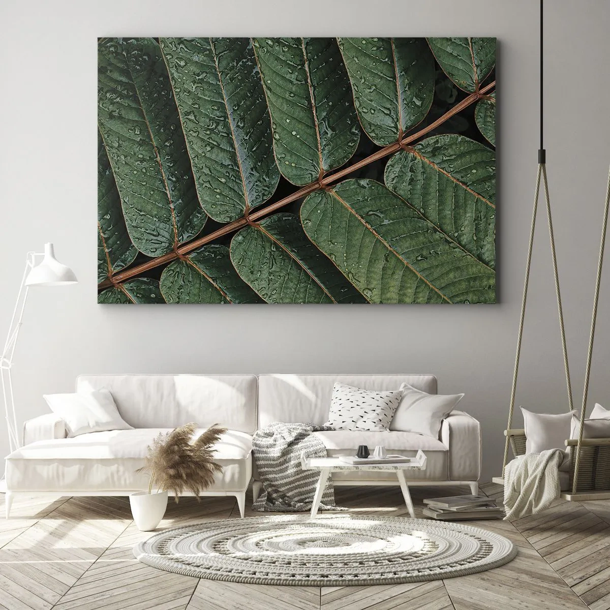 Bild auf Leinwand - Leinwandbild - Makroaufnahme von grünen Blättern mit Tautropfen - 70x50cm - Im grünen Rhythmus - Moderne Wanddekoration für Wohnzimmer und Schlafzimmer ARTTOR