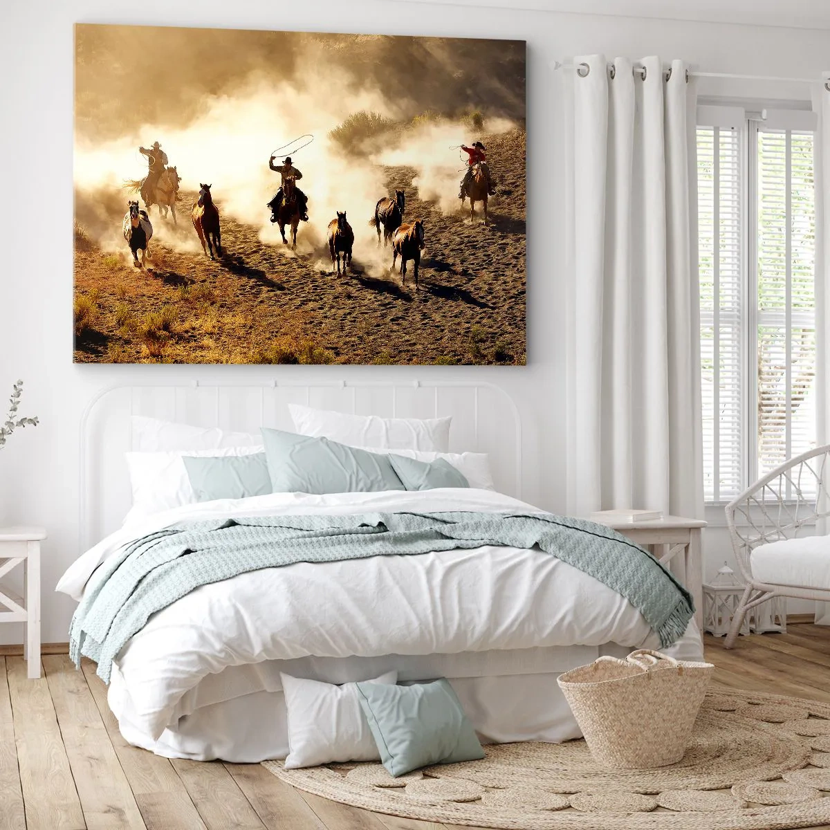 Bild auf Leinwand - Leinwandbild - Cowboys zu Pferd in Aktion im Wüstengelände - 100x70cm - Wirklich wilder Westen - Moderne Wanddekoration für Wohnzimmer und Schlafzimmer ARTTOR