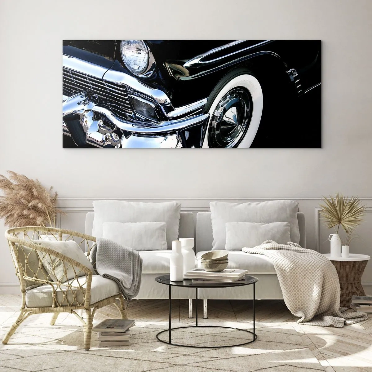 Glasbild - Bild auf glas - Schwarzer Oldtimer, Nahaufnahme von Scheinwerfer und Kotflügel - 160x50cm - Klassiker in Silber, Schwarz und Weiß - Moderne Wanddekoration für Wohnzimmer und Schlafzimmer ARTTOR