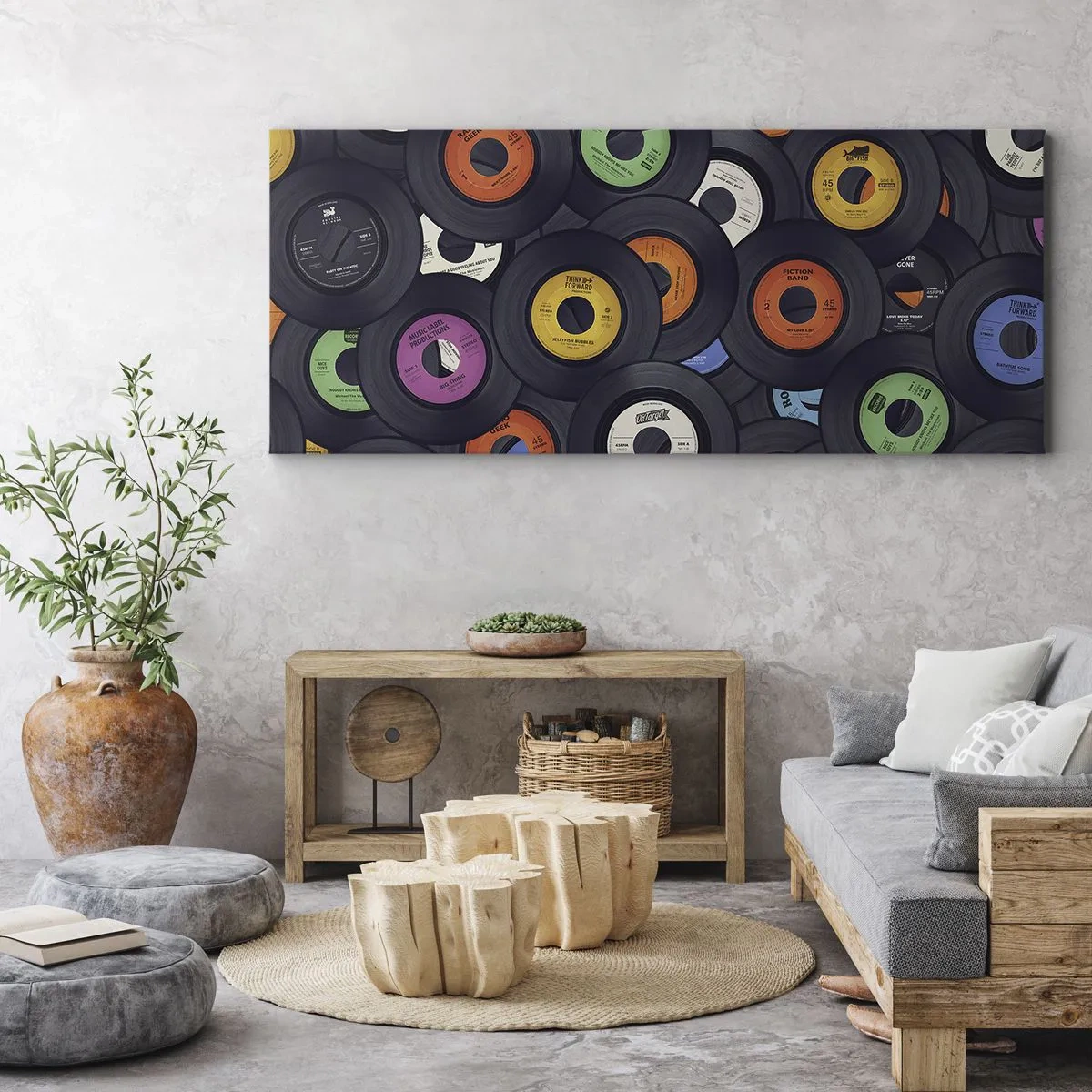 Bild auf Leinwand - Leinwandbild - Bunte Vinyls übereinander gestapelt - 120x50cm - Farben der Klassiker - Moderne Wanddekoration für Wohnzimmer und Schlafzimmer ARTTOR