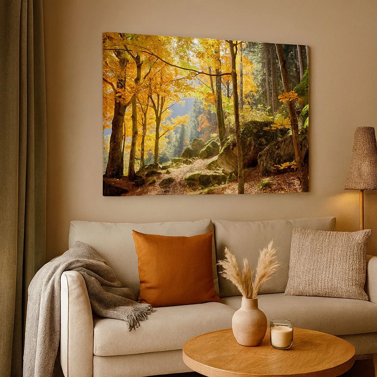 Bild auf Leinwand - Leinwandbild - Ein Herbstwald voller goldener Blätter und Sonnenlicht - 70x50cm - Zeit zum Entspannen - Moderne Wanddekoration für Wohnzimmer und Schlafzimmer ARTTOR