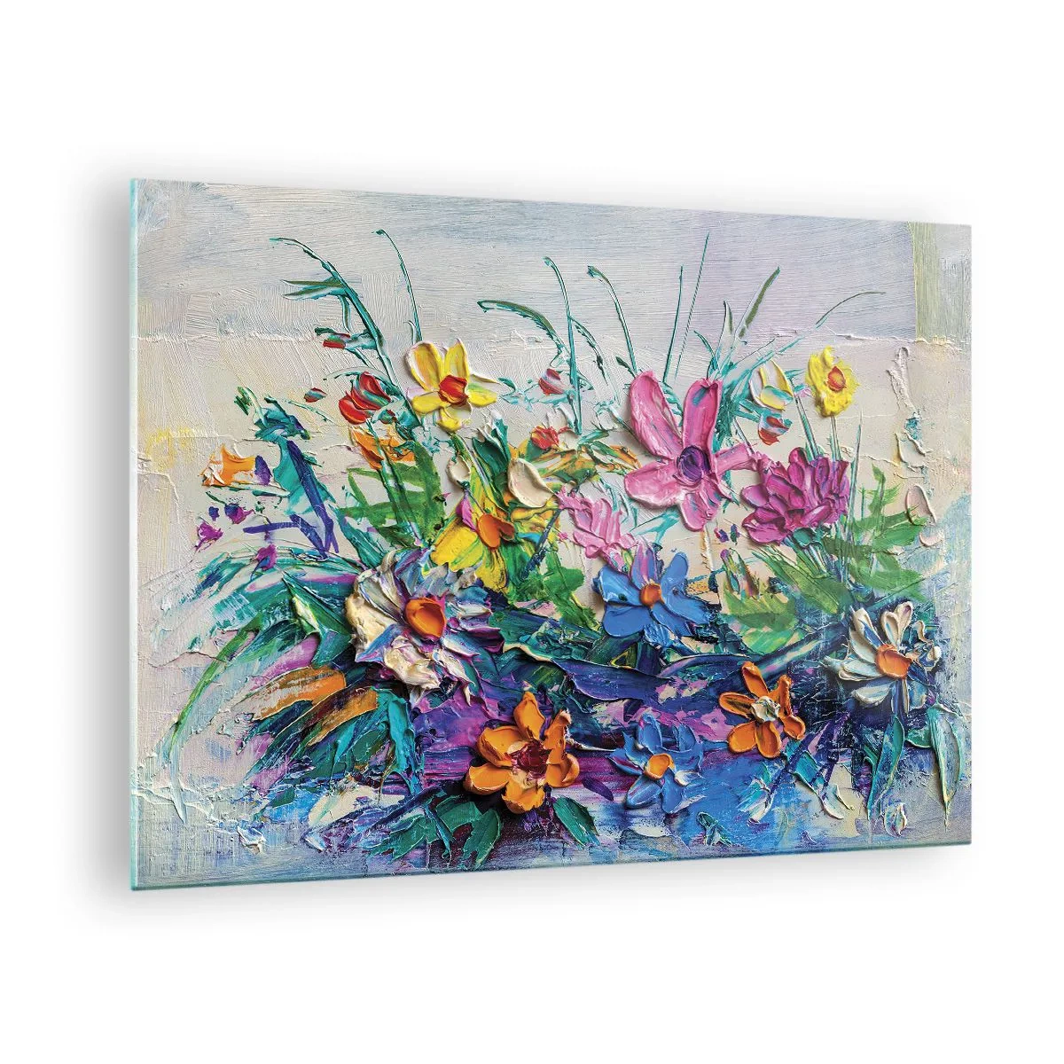 Glasbild - Bild auf glas - Ein farbenfrohes Blumenarrangement im malerischen Stil - 70x50cm - Überhaupt kein Stillleben - Moderne Wanddekoration für Wohnzimmer und Schlafzimmer ARTTOR