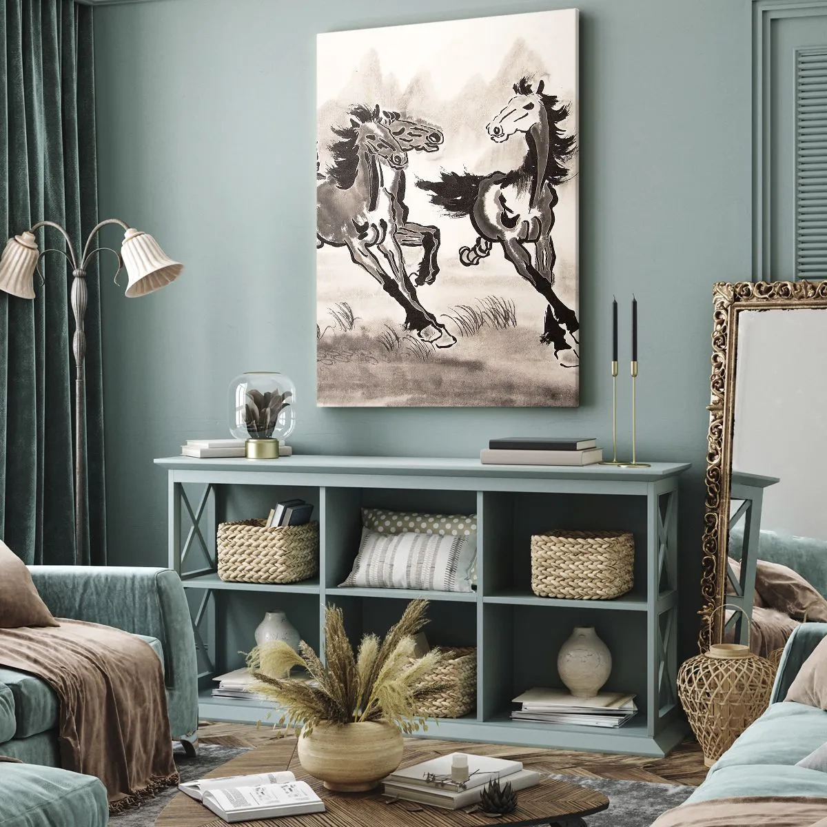 Bild auf Leinwand - Leinwandbild - Dynamische Grafiken galoppierender Pferde im orientalischen Stil - 50x70cm - In freudigem Galopp - Moderne Wanddekoration für Wohnzimmer und Schlafzimmer ARTTOR