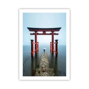 Poster - Rote Torii vor dem Hintergrund von ruhigem Wasser und Himmel - 50x70cm - Japanische Träumerei - Moderne Wanddekoration für Wohnzimmer und Schlafzimmer ARTTOR