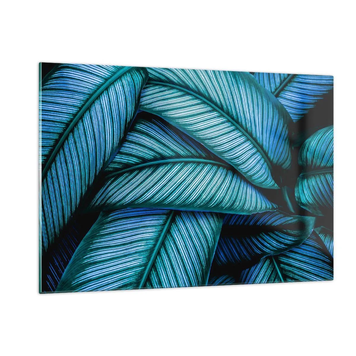 Glasbild - Bild auf glas - Eine Nahaufnahme von türkisfarbenen Blättern mit intensiver Textur. - 120x80cm - Lebenslinien - Moderne Wanddekoration für Wohnzimmer und Schlafzimmer ARTTOR