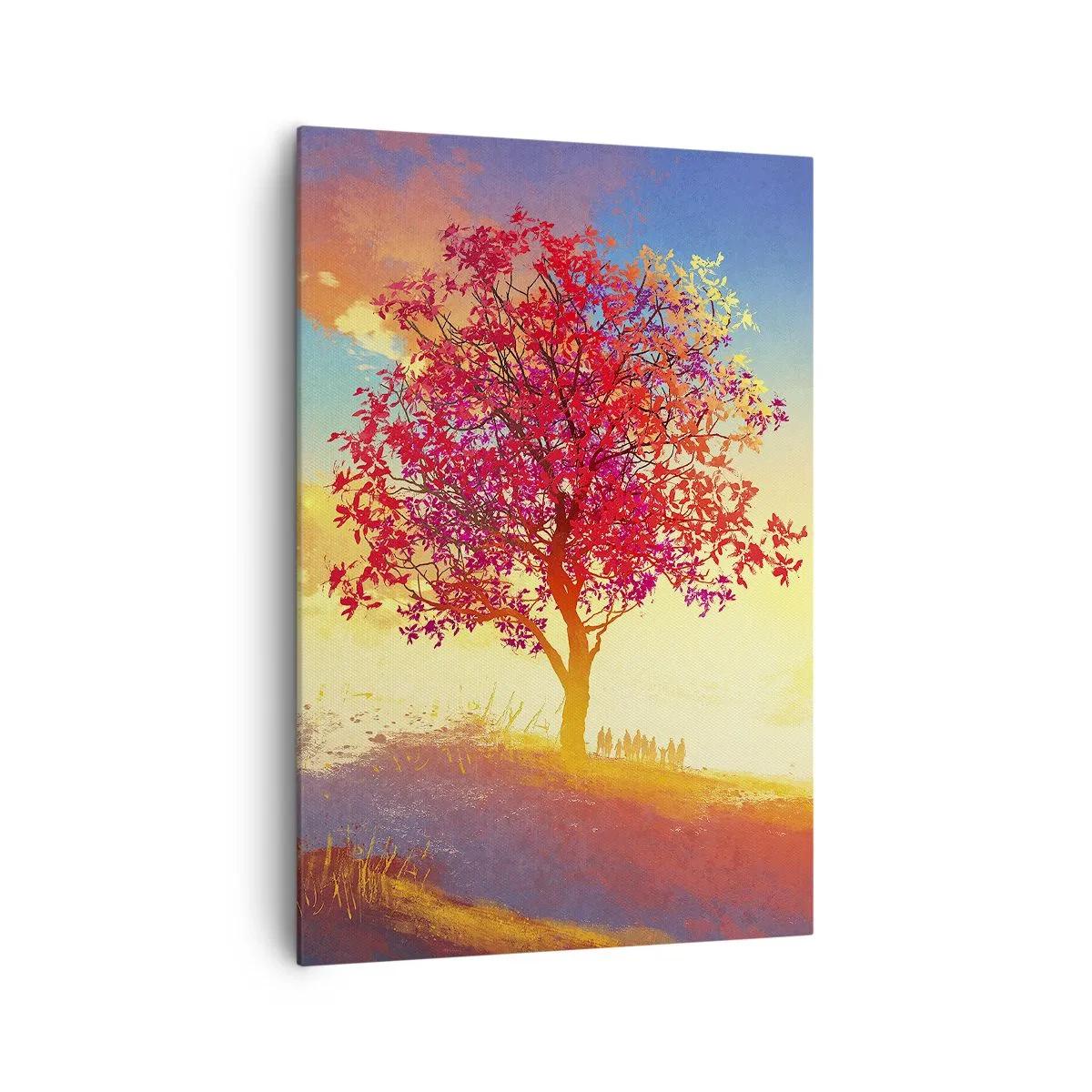 Bild auf Leinwand - Leinwandbild - Eine Figur auf einem Hügel neben einem bunten Baum im Licht der untergehenden Sonne - 70x100cm - Pilger am Ziel - Moderne Wanddekoration für Wohnzimmer und Schlafzimmer ARTTOR