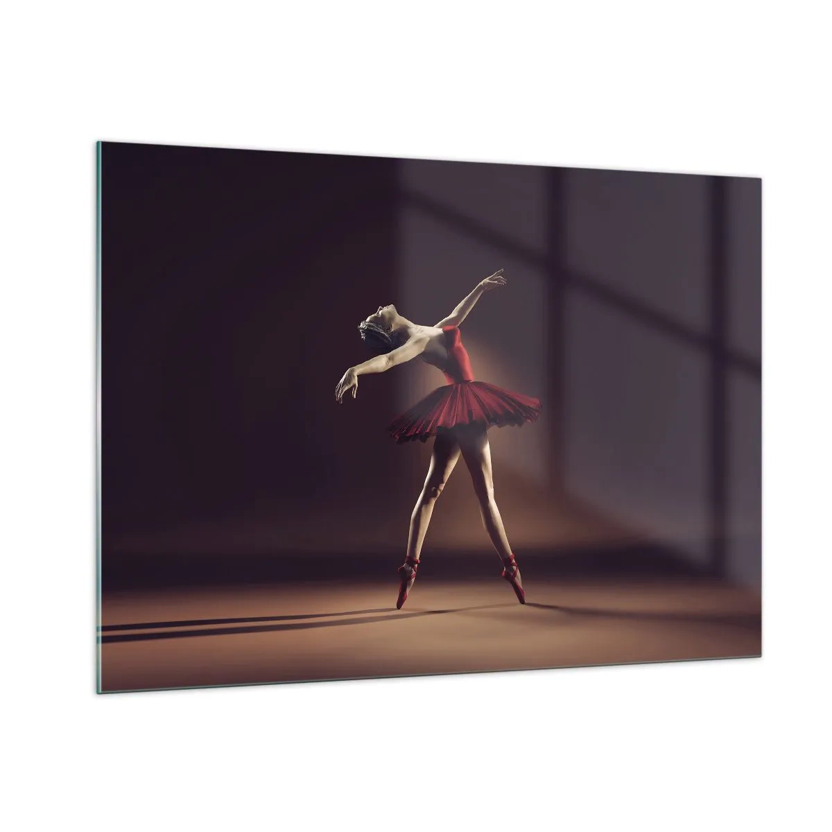 Glasbild - Bild auf glas - Eine Ballerina im roten Kleid in dynamischer Pose - 100x70cm - Eine Primaballerina - Moderne Wanddekoration für Wohnzimmer und Schlafzimmer ARTTOR