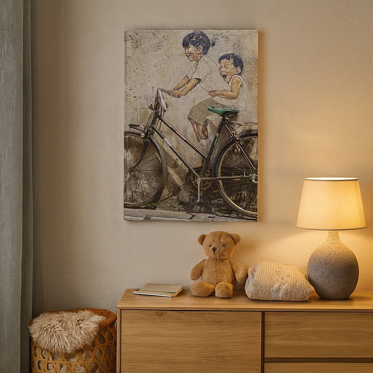 Bild auf Leinwand - Leinwandbild - Streetart mit Fahrrad und Kinderzeichnungen an der Wand - 50x70cm - Richtig oder falsch? - Moderne Wanddekoration für Wohnzimmer und Schlafzimmer ARTTOR