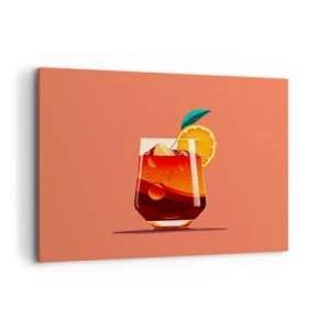 Bild auf Leinwand - Leinwandbild - Ein Glas Getränk und eine Orangenscheibe auf orangefarbenem Hintergrund - 120x80cm - Sommerliche Erfrischung - Moderne Wanddekoration für Wohnzimmer und Schlafzimmer ARTTOR