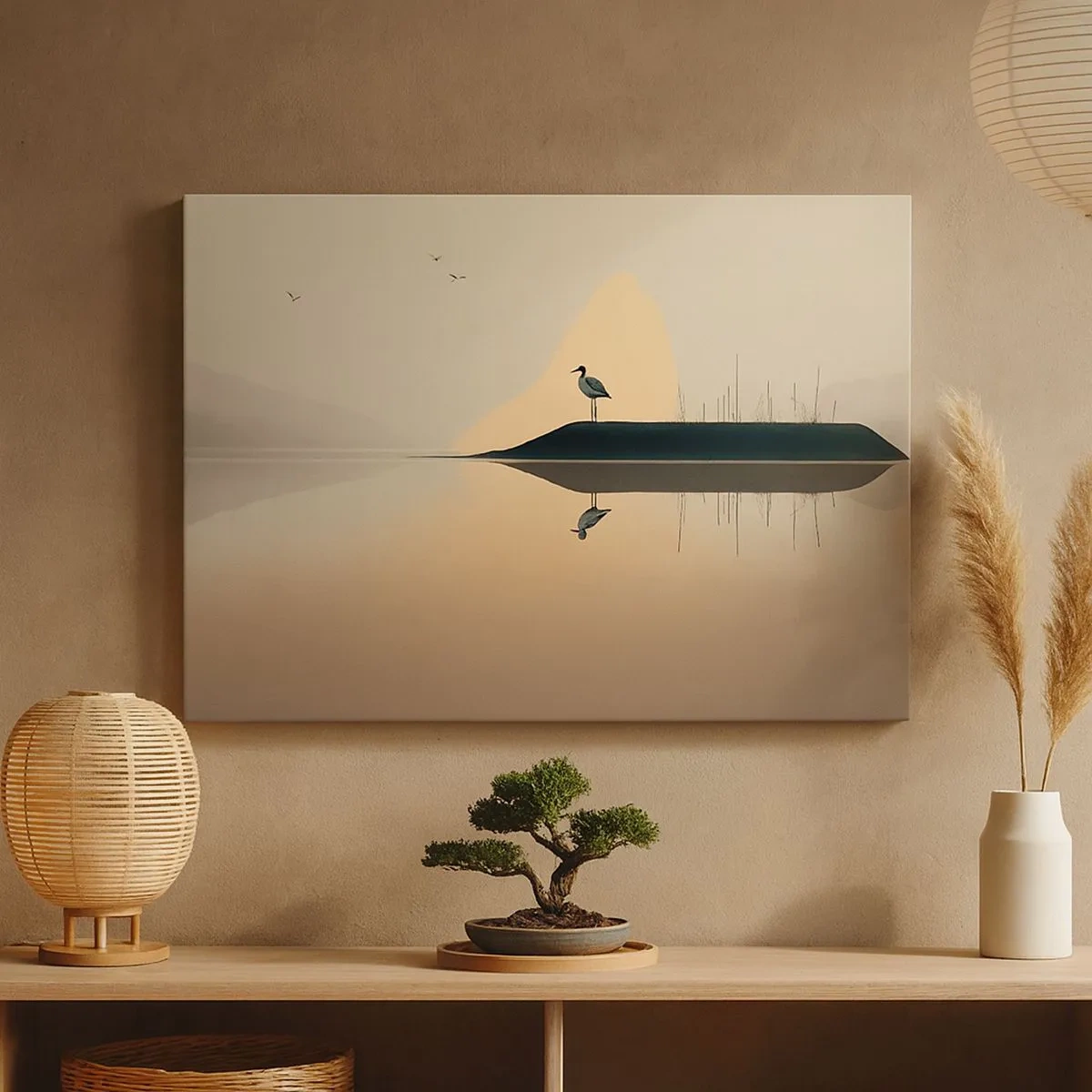 Bild auf Leinwand - Leinwandbild - Ein Vogel auf einer Insel in einem ruhigen See mit warmen Farbtönen - 70x50cm - Herr am See - Moderne Wanddekoration für Wohnzimmer und Schlafzimmer ARTTOR