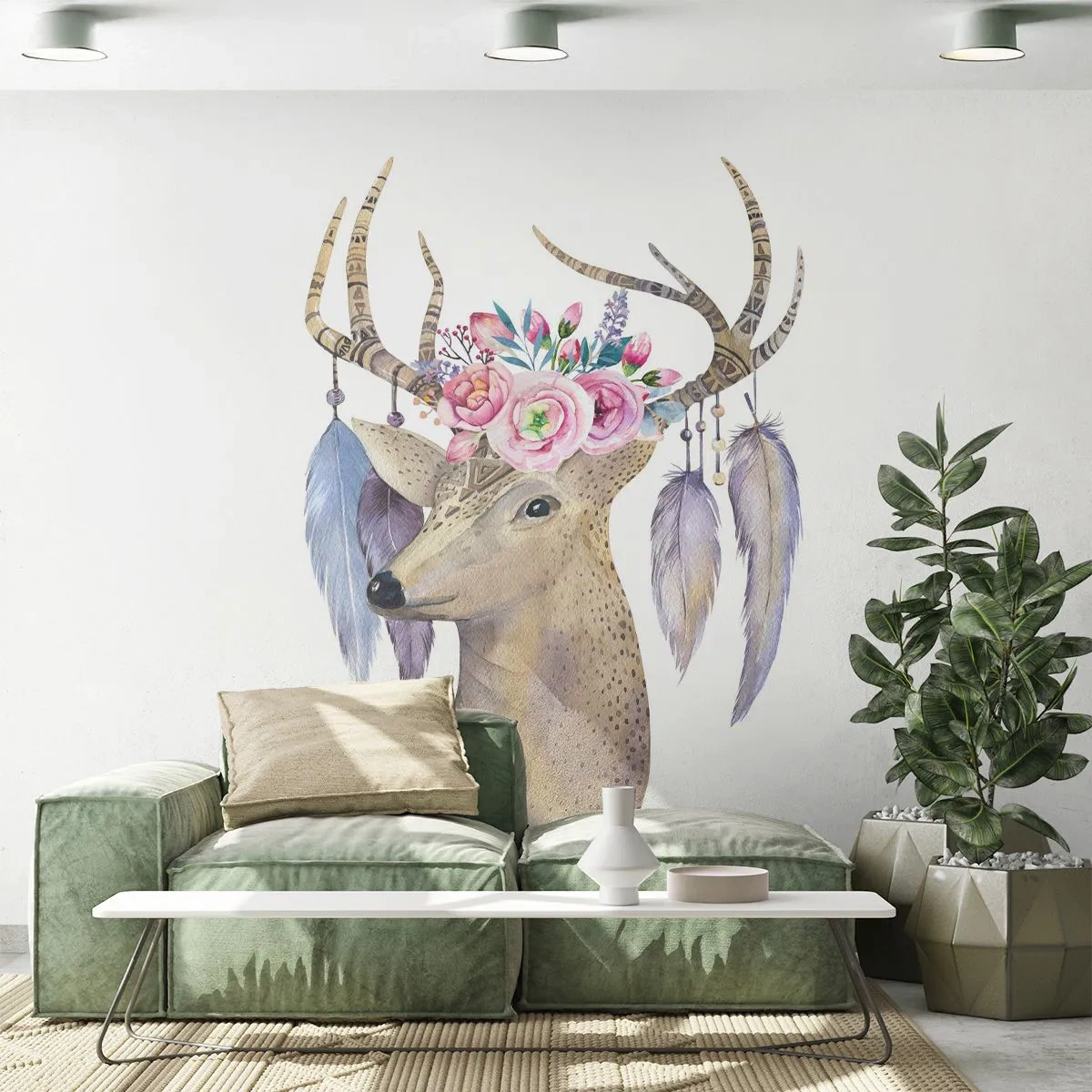 Fototapete Premium Sand - Hirsch im Boho-Stil mit Blumen und Federn am Geweih - 100x70cm - Seelenführer - sanft, unschuldig - Moderne Wanddekoration für Wohnzimmer und Schlafzimmer ARTTOR