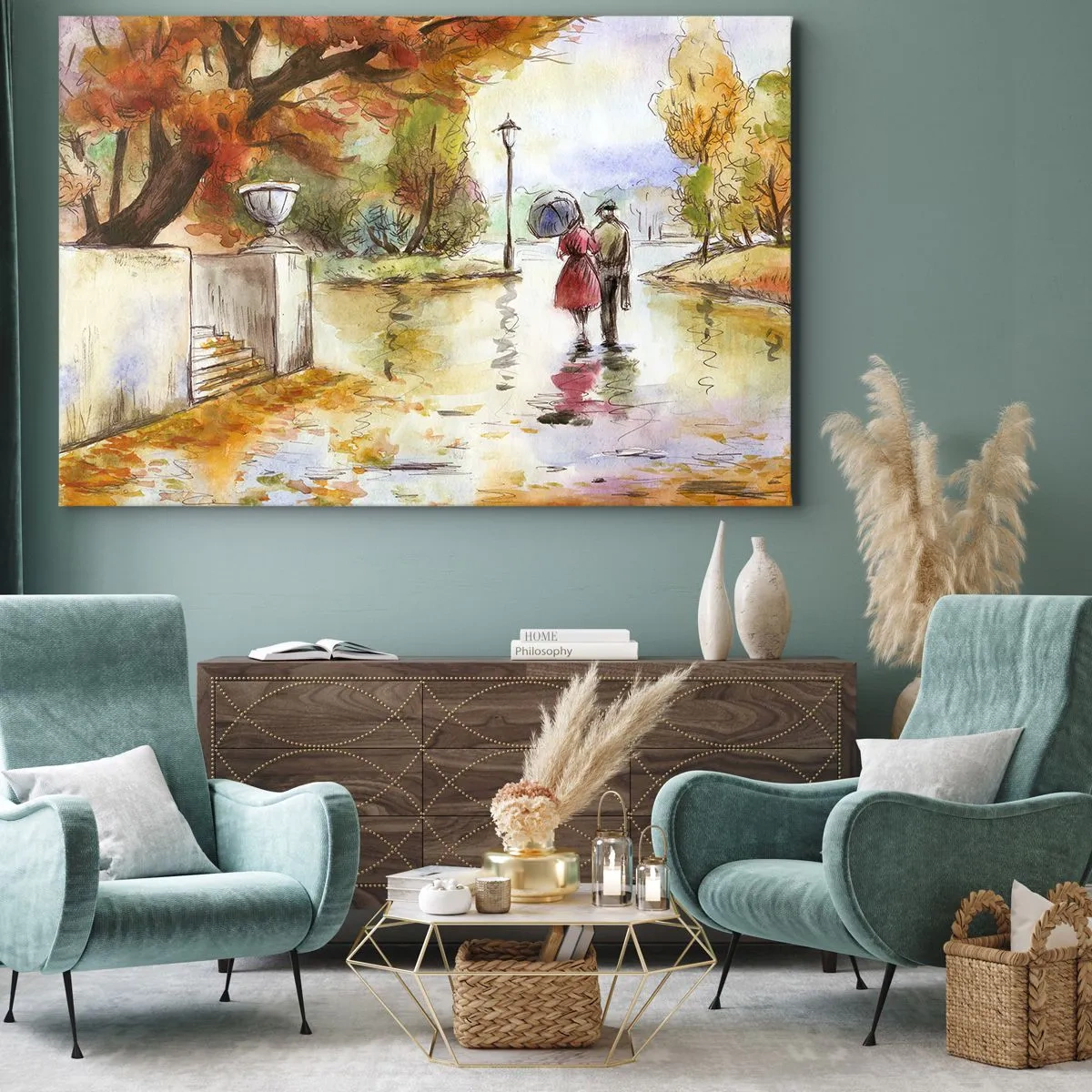 Bild auf Leinwand - Leinwandbild - Ein Spaziergang im Herbstpark mit einem Regenschirm - 70x50cm - Romantischer Herbst im Park - Moderne Wanddekoration für Wohnzimmer und Schlafzimmer ARTTOR
