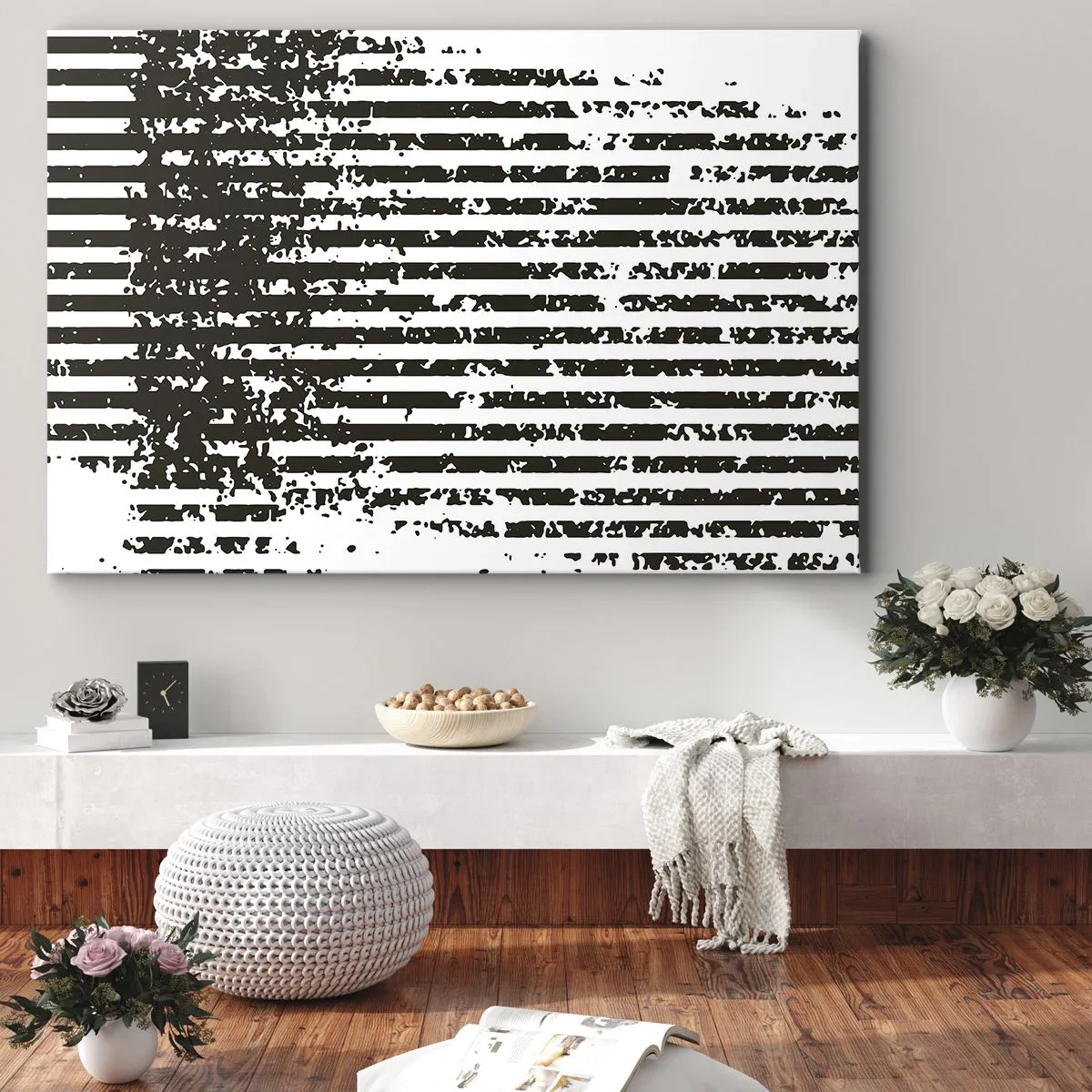 Bild auf Leinwand - Leinwandbild - Abstrakte Linien mit Distressed-Effekt in Schwarz und Weiß - 100x70cm - Rhythmus und Rauschen - Moderne Wanddekoration für Wohnzimmer und Schlafzimmer ARTTOR