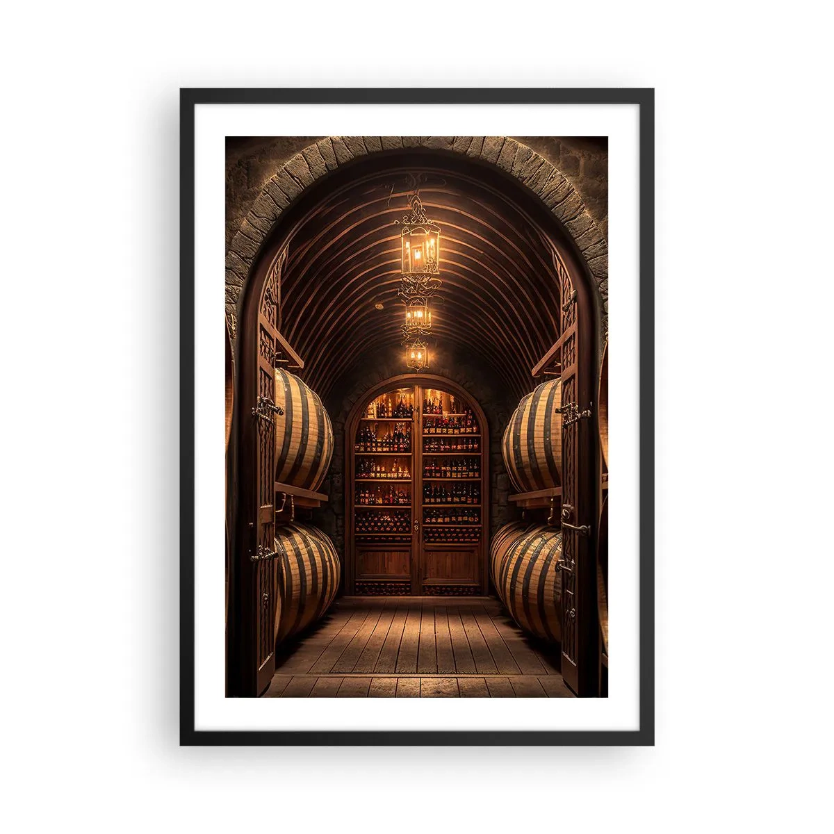 Poster in einem schwarzem Rahmen - Eleganter Weinkeller mit Holzfässern - 50x70cm - Stimmungsvoller Keller - Moderne Wanddekoration für Wohnzimmer und Schlafzimmer ARTTOR