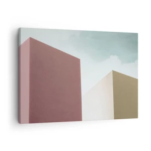 Bild auf Leinwand - Leinwandbild - Minimalistische Architektur mit pastellfarbenen Blöcken und Himmel - 70x50cm - Geometrie des sonnigen Sommers - Moderne Wanddekoration für Wohnzimmer und Schlafzimmer ARTTOR
