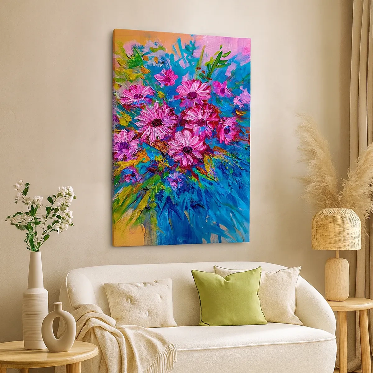Bild auf Leinwand - Leinwandbild - Bunte Blumen in einem Strauß vor pastellfarbenem Hintergrund - 50x70cm - Lebensenergie - Moderne Wanddekoration für Wohnzimmer und Schlafzimmer ARTTOR