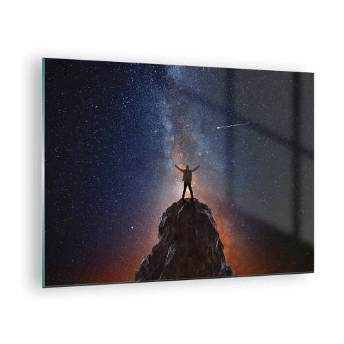 Glasbild - Bild auf glas - Silhouette eines Mannes auf einem Felsen unter einem Sternenhimmel - 70x50cm - Die Macht ist mit mir! - Moderne Wanddekoration für Wohnzimmer und Schlafzimmer ARTTOR