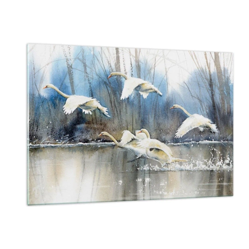 Glasbild - Bild auf glas - Wilde Schwäne fliegen über einen friedlichen Waldsee - 120x80cm - Wie im Märchen von den wilden Schwänen - Moderne Wanddekoration für Wohnzimmer und Schlafzimmer ARTTOR