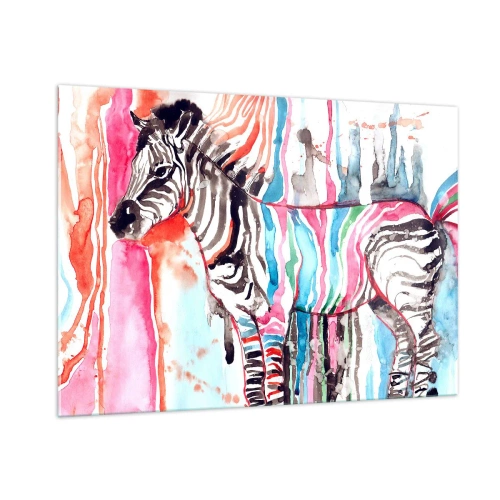 Glasbild - Bild auf glas - Buntes Zebra im Aquarellstil - 100x70cm - Unbeschwerter Witz der Natur - Moderne Wanddekoration für Wohnzimmer und Schlafzimmer ARTTOR