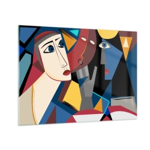 Glasbild - Bild auf glas - Kubistische Gesichter in intensiven Farben - 70x50cm - Gespräch zwischen Kubisten - Moderne Wanddekoration für Wohnzimmer und Schlafzimmer ARTTOR