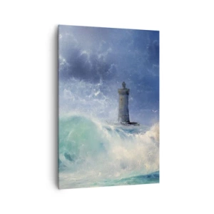 Bild auf Leinwand - Leinwandbild - Ein Leuchtturm, umgeben von rauen Wellen und Wolken - 70x100cm - Auf der Hut vor den Elementen - Moderne Wanddekoration für Wohnzimmer und Schlafzimmer ARTTOR
