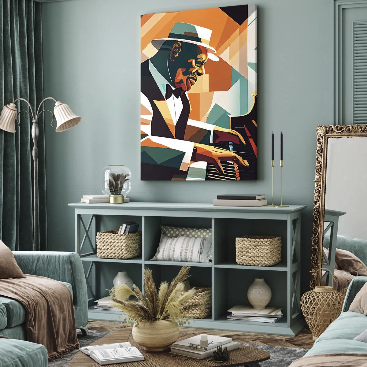 Bild auf Leinwand - Leinwandbild - Abstrakter Musiker, der in warmen Farben Klavier spielt. - 50x70cm - Alles vom Jazz - Moderne Wanddekoration für Wohnzimmer und Schlafzimmer ARTTOR