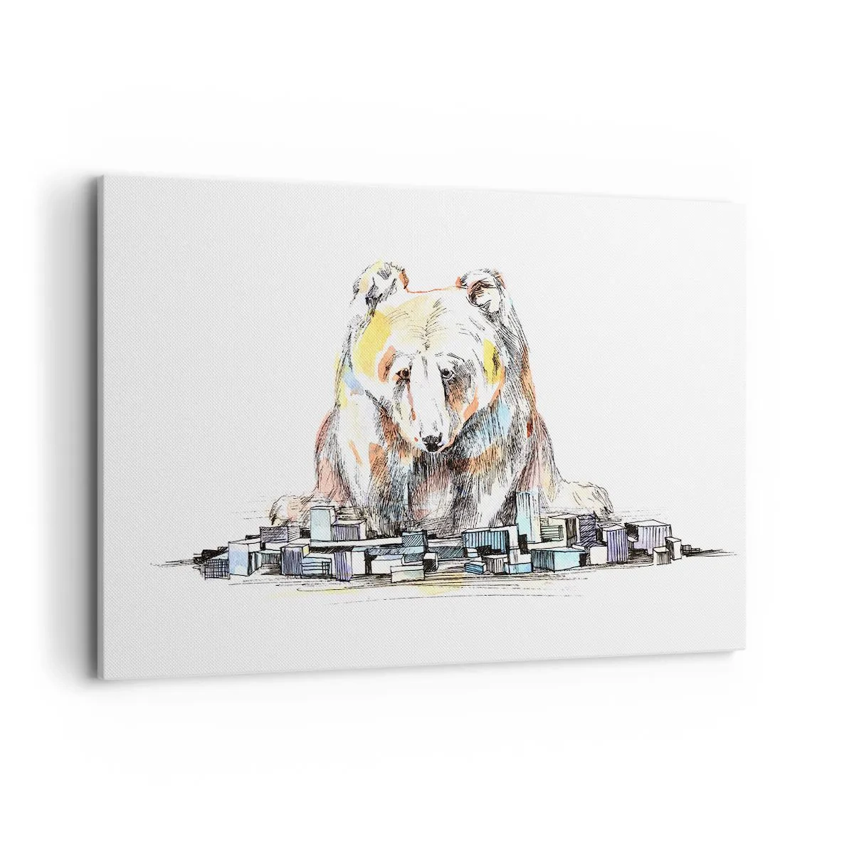 Bild auf Leinwand - Leinwandbild - Illustration eines Bären mit bunten Details und Blöcken - 120x80cm - Wie kann man so leben? - Moderne Wanddekoration für Wohnzimmer und Schlafzimmer ARTTOR
