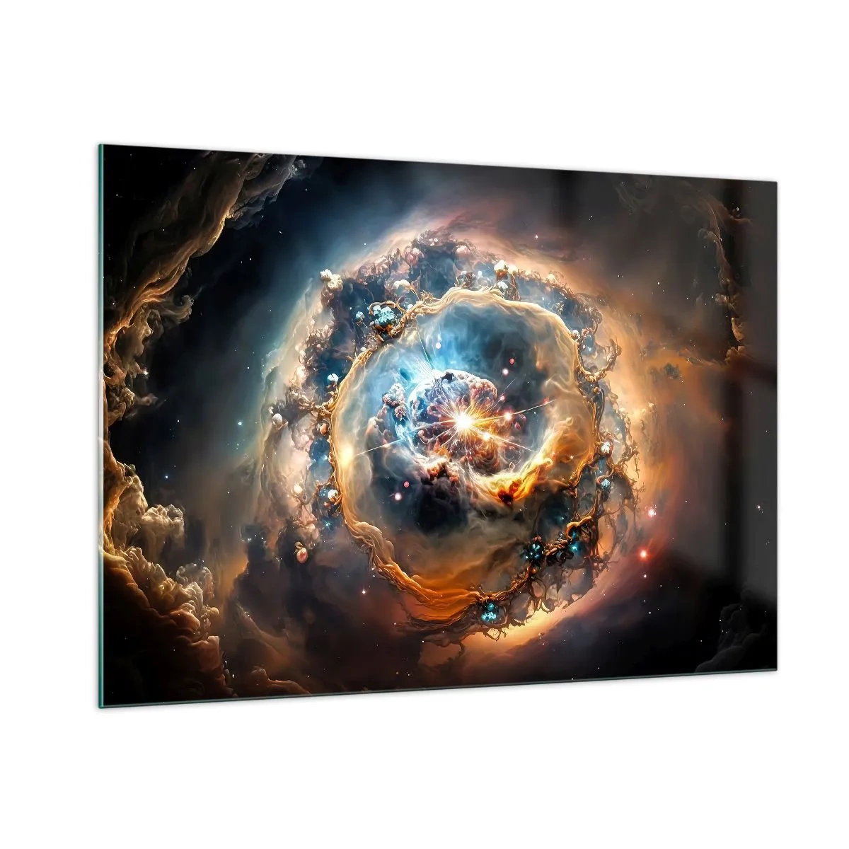 Glasbild - Bild auf glas - Eine kosmische Explosion im Zentrum eines galaktischen Wirbels - 100x70cm - Anfang - Moderne Wanddekoration für Wohnzimmer und Schlafzimmer ARTTOR