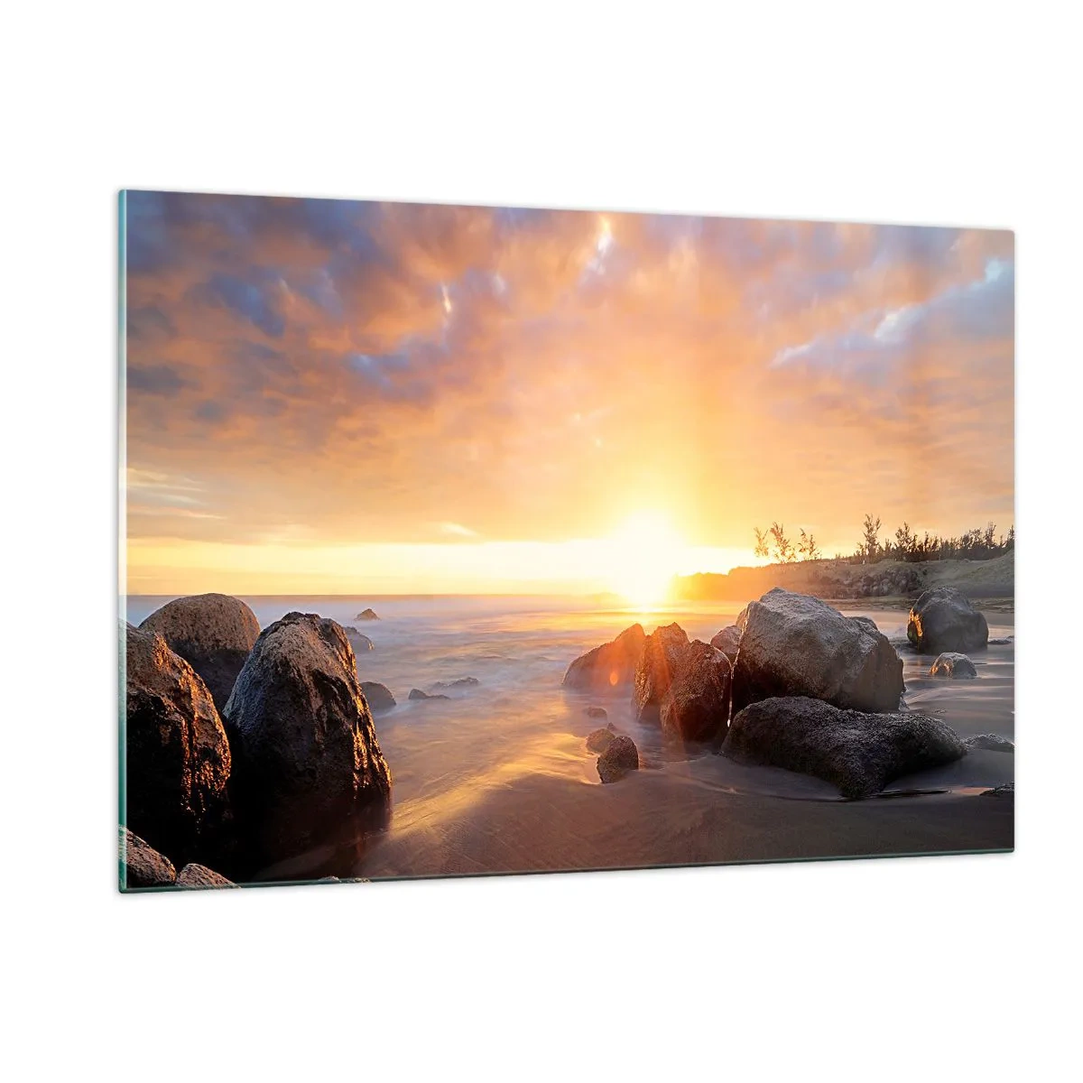 Glasbild - Bild auf glas - Sonnenuntergang über dem Meer mit Steinen am Ufer - 120x80cm - Leuchtende Brise des Abends - Moderne Wanddekoration für Wohnzimmer und Schlafzimmer ARTTOR