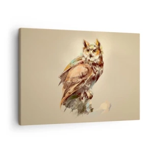 Bild auf Leinwand - Leinwandbild - Künstlerisches Porträt einer Eule vor hellem Hintergrund in warmen Farbtönen. - 70x50cm - Die klügste Eule - bestätigt den Eichenwald - Moderne Wanddekoration für Wohnzimmer und Schlafzimmer ARTTOR
