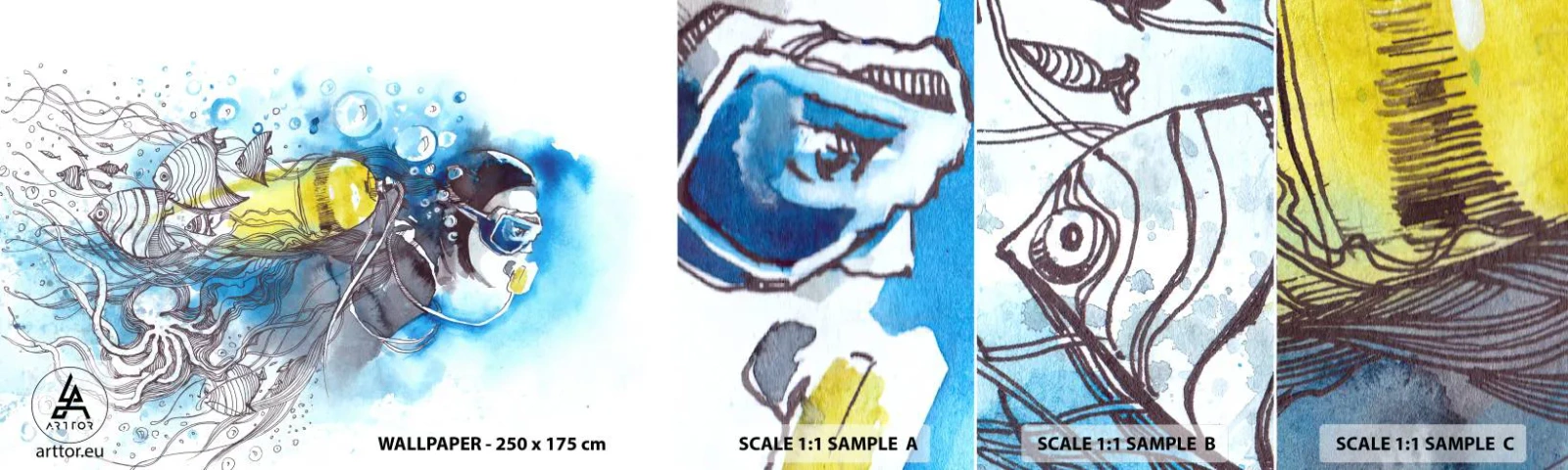 Fototapeten Muster Selbstklebend Deluxe Sticker - Tolles Blau - Tauchen, Fisch, Sport - 100x30 cm