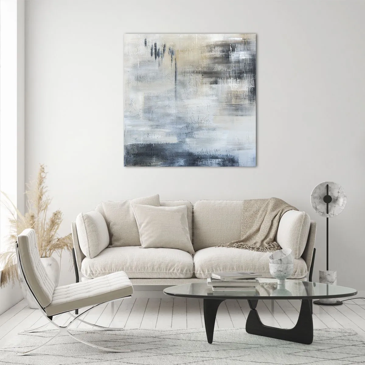 Glasbild - Bild auf glas - Hinter dem blauen Vorhang - 60x60 cm