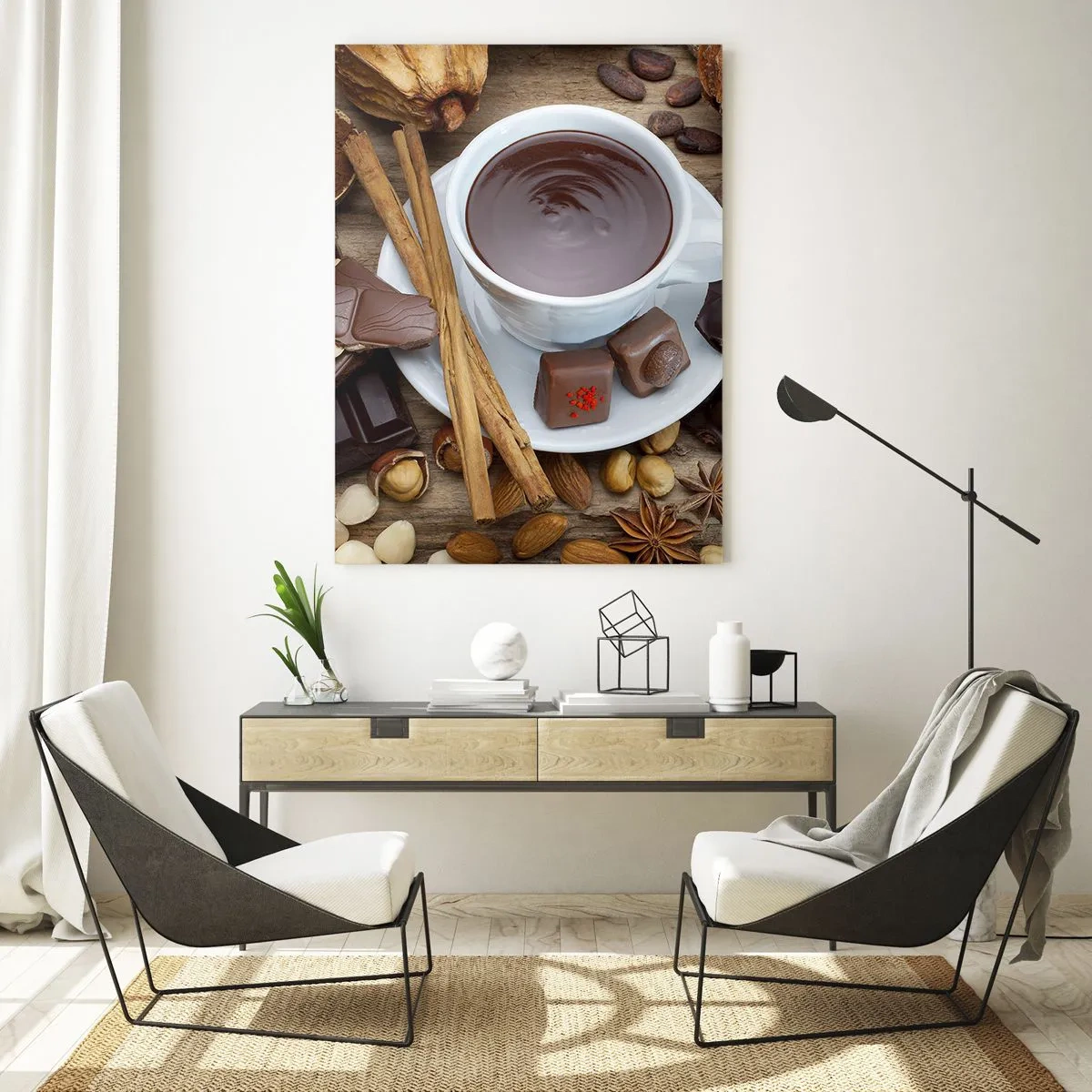 Glasbild - Bild auf glas - Eine Tasse heiße Schokolade, umgeben von Dessertzutaten - 70x100cm - Aus einer märchenhaften Schokoladenfabrik - Moderne Wanddekoration für Wohnzimmer und Schlafzimmer ARTTOR