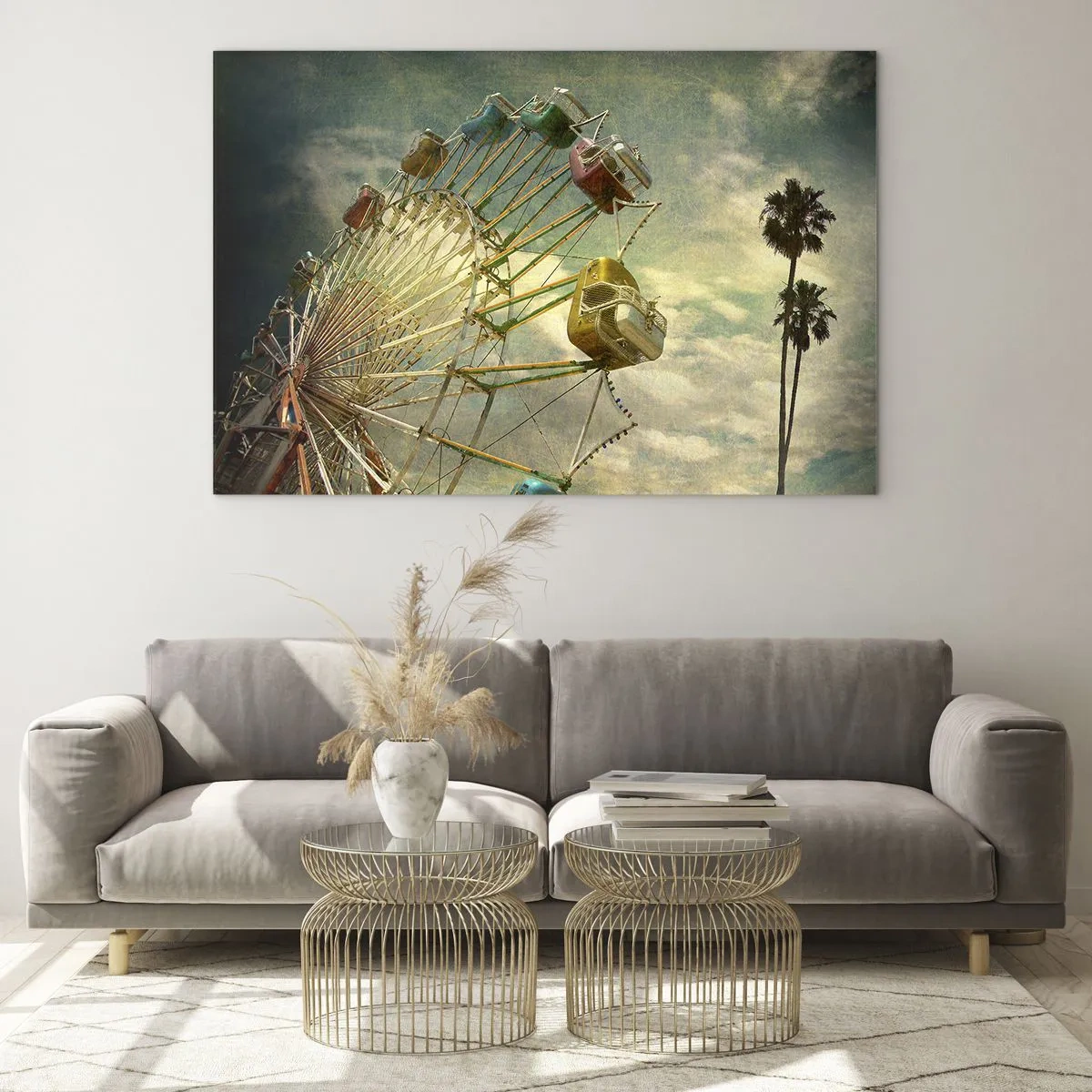 Glasbild - Bild auf glas - Ein Riesenrad vor dem Himmel und Palmen im Retro-Stil - 70x50cm - Es wird Spaß geben ... - Moderne Wanddekoration für Wohnzimmer und Schlafzimmer ARTTOR