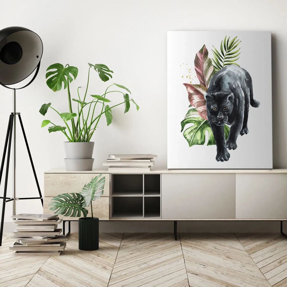 Bild auf Leinwand - Leinwandbild - Schwarzer Panther, umgeben von tropischen Blättern - 50x70cm - Wildheit des Herzens - Moderne Wanddekoration für Wohnzimmer und Schlafzimmer ARTTOR