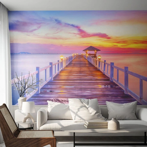 Fototapete Premium Sand - Die lila-goldene Stille des Abends - Landschaft, Meer, Bucht - 250x175 cm