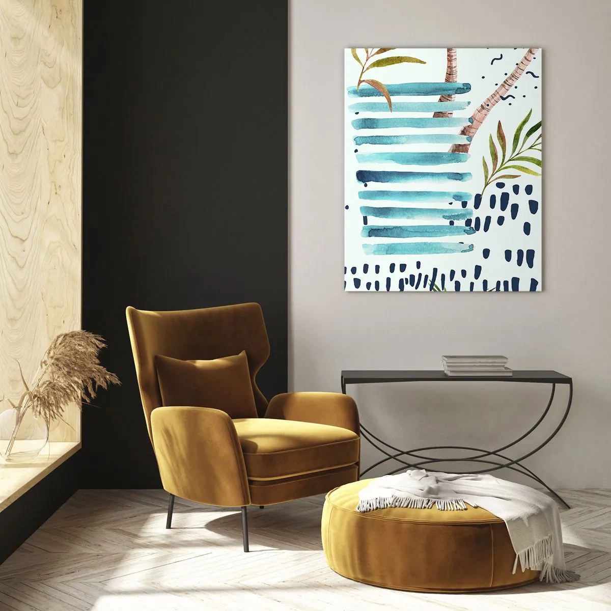 Glasbild - Bild auf glas - Abstraktes Muster mit Palmen und nautischen Akzenten - 70x100cm - Urlaub unter Palmen - Moderne Wanddekoration für Wohnzimmer und Schlafzimmer ARTTOR