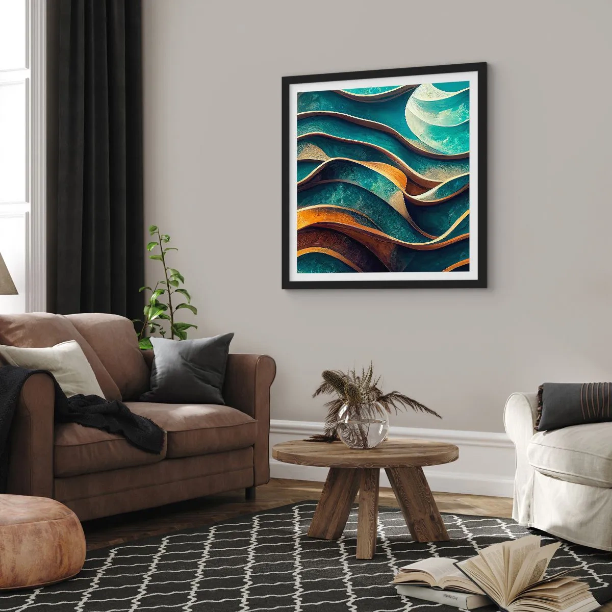 Poster in einem schwarzem Rahmen - Blaue Mäander - 30x30 cm