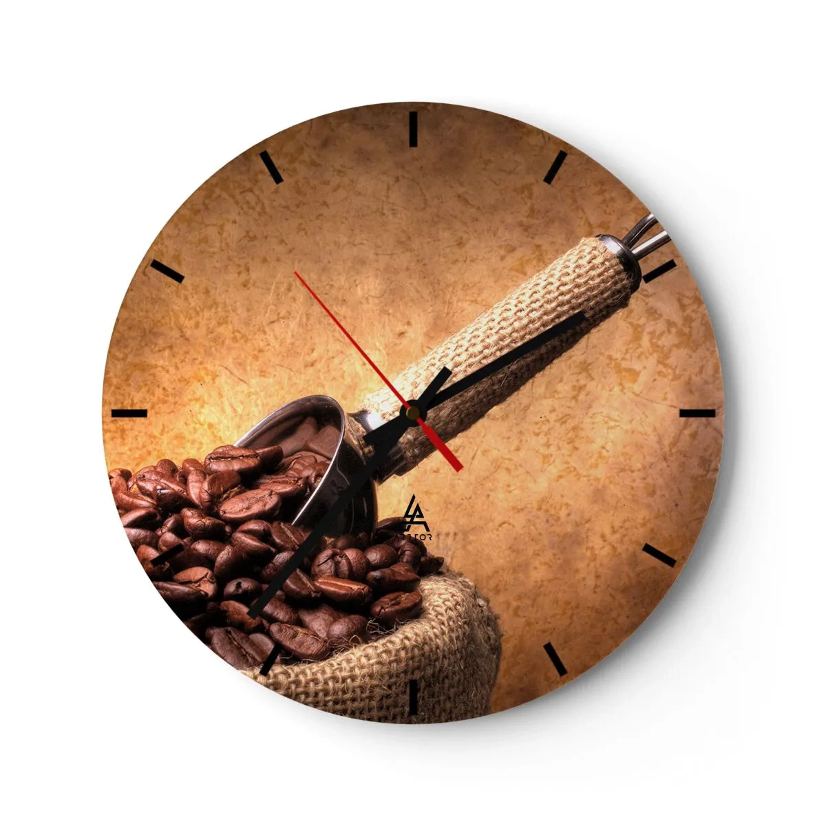 Wanduhr - Glasuhr - Kaffeebohnen in einer Tüte mit Messbecher auf braunem Hintergrund - 30x30cm - An der Quelle des Geschmacks - Moderne Wanddekoration für Wohnzimmer, Küche und Schlafzimmer ARTTOR