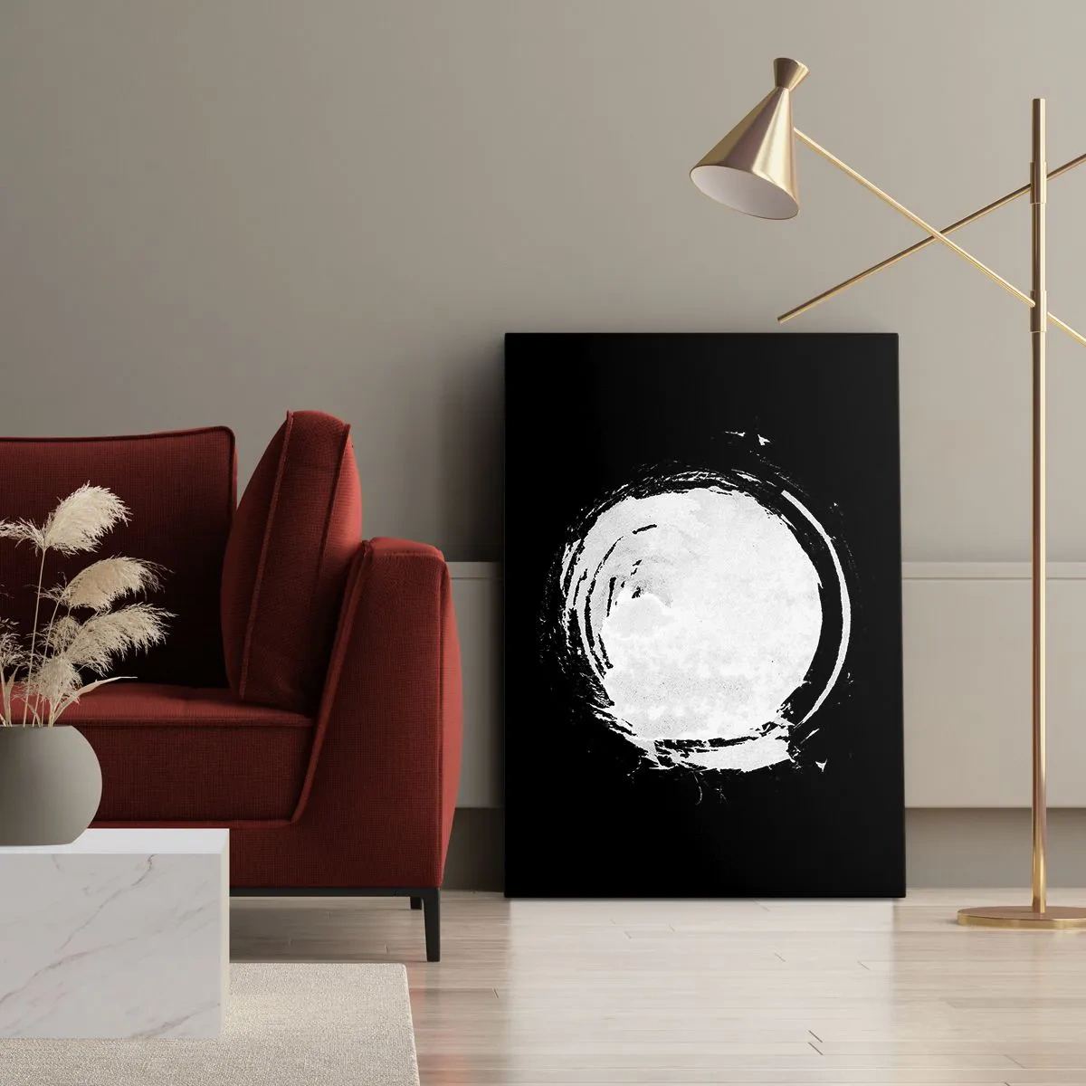 Bild auf Leinwand - Leinwandbild - Ein weißer Kreis auf schwarzem Hintergrund im minimalistischen Stil. - 50x70cm - Gute Möglichkeit - Moderne Wanddekoration für Wohnzimmer und Schlafzimmer ARTTOR