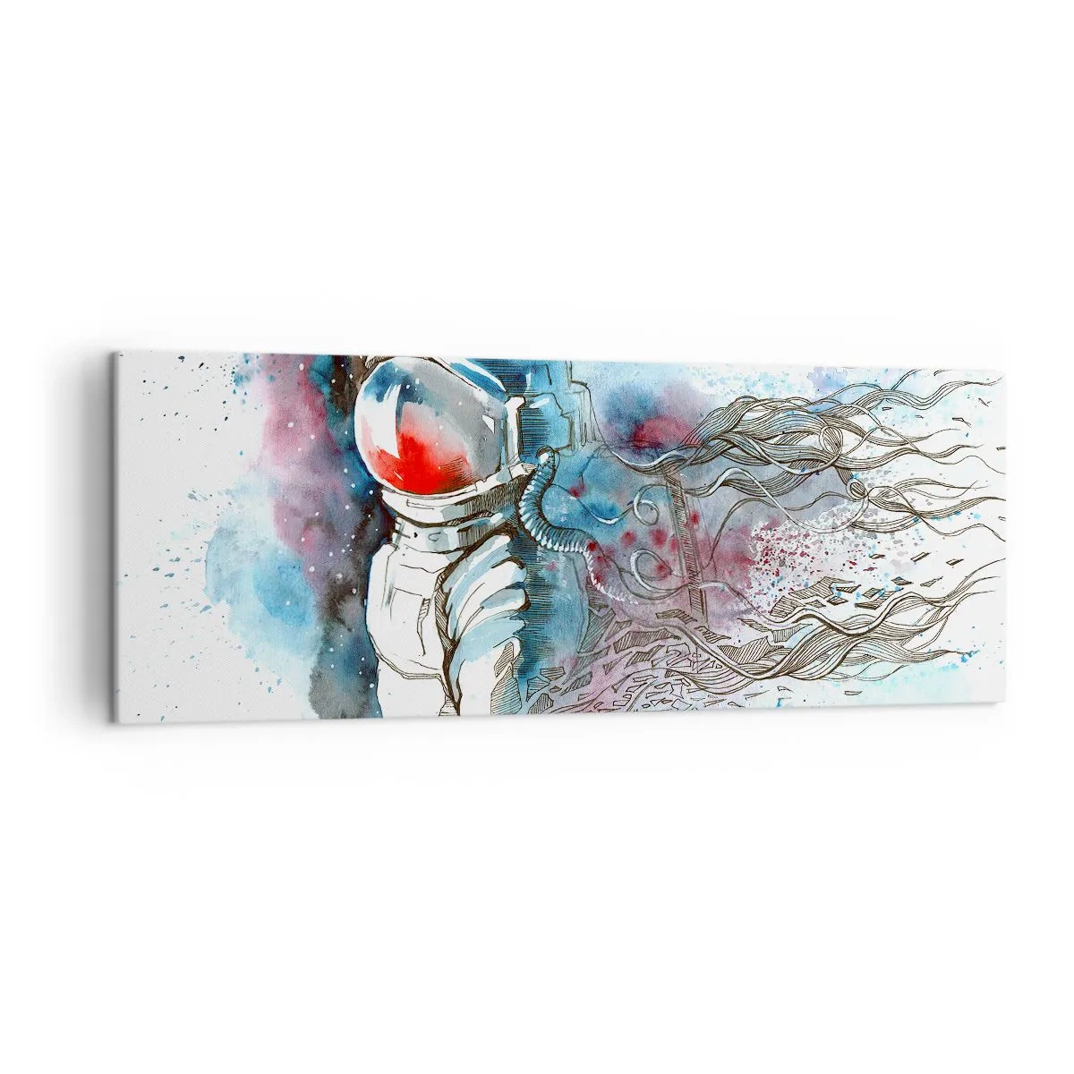 Bild auf Leinwand - Leinwandbild - Ein Kosmonaut in einem dynamischen Aquarell mit kosmischen Details - 140x50cm - Allein mit Platz - Moderne Wanddekoration für Wohnzimmer und Schlafzimmer ARTTOR