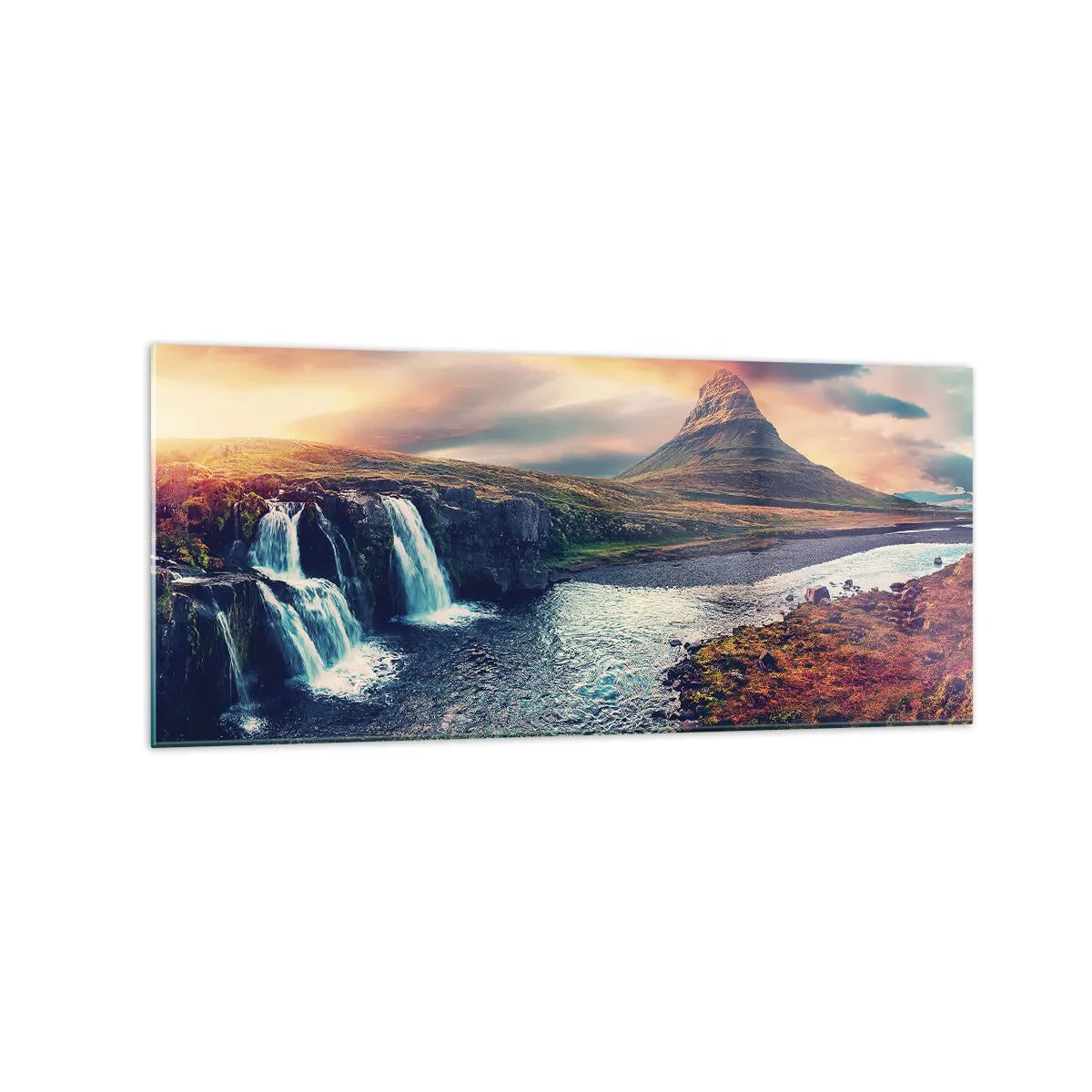 Glasbild - Bild auf glas - Blick auf den Wasserfall und die Berge im Licht der untergehenden Sonne - 120x50cm - In der Majestät der Natur - Moderne Wanddekoration für Wohnzimmer und Schlafzimmer ARTTOR