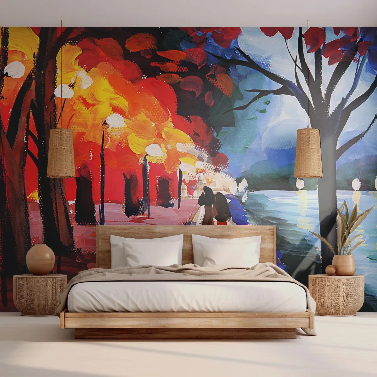 Fototapete Premium Sand - Romantischer Spaziergang am Seeuferweg im Lampenschein - 100x70cm - Strahlender Herbst im Park - Moderne Wanddekoration für Wohnzimmer und Schlafzimmer ARTTOR