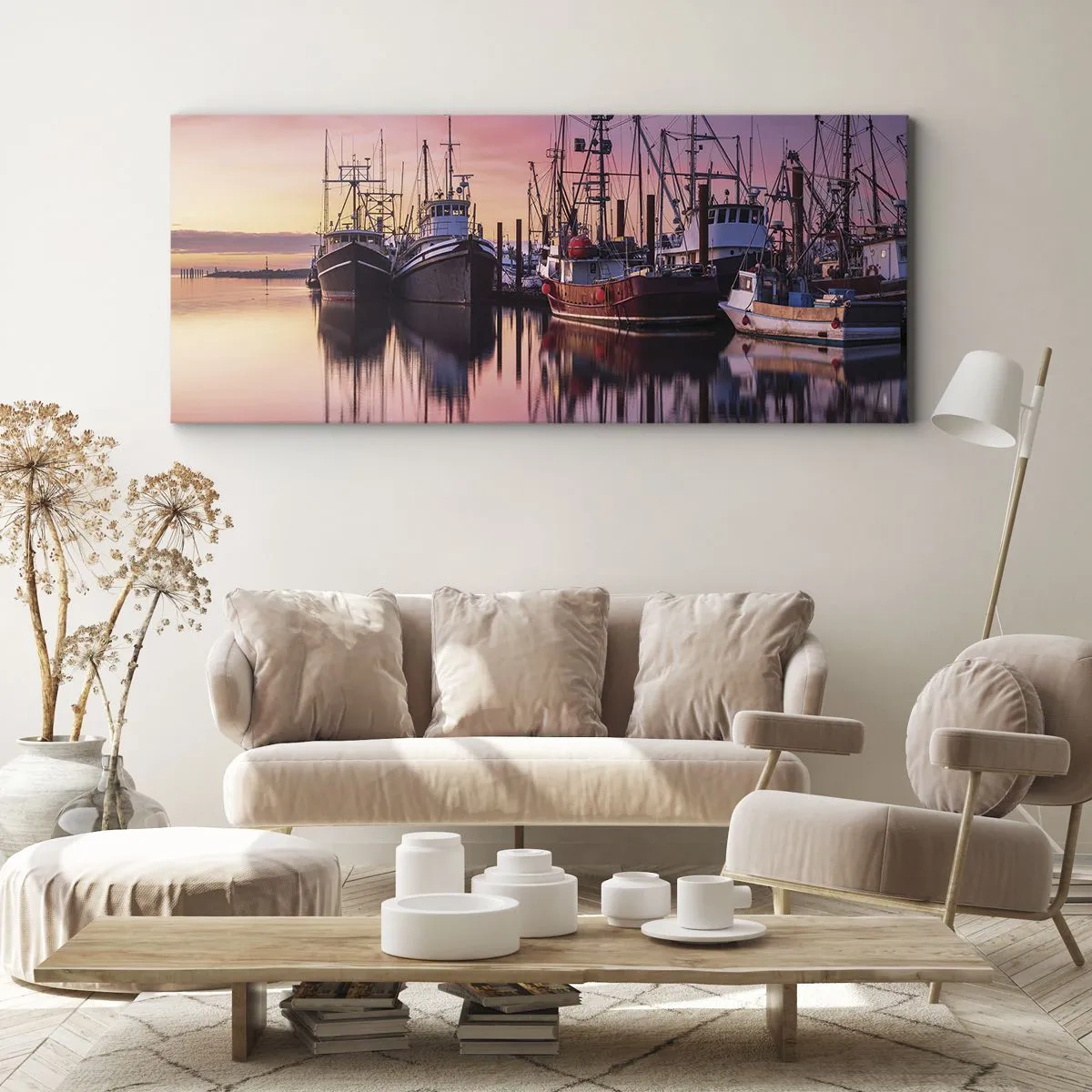 Bild auf Leinwand - Leinwandbild - Fischerboote im Hafen bei Sonnenuntergang - 120x50cm - Vor dem nächsten Tag - Moderne Wanddekoration für Wohnzimmer und Schlafzimmer ARTTOR