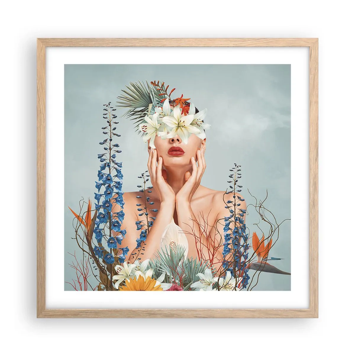 Poster in einem Rahmen aus heller Eiche - Frau - Blume - 50x50 cm