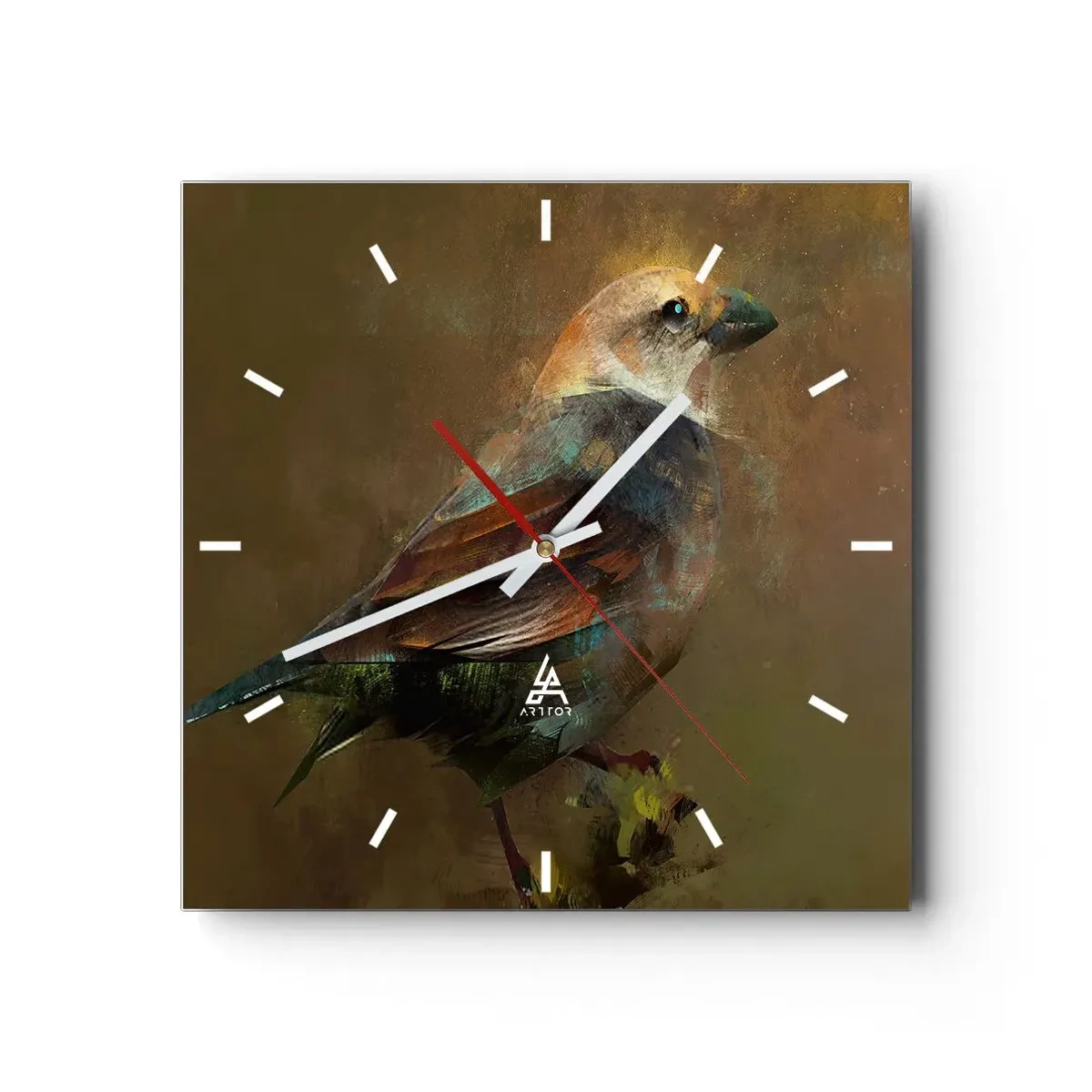 Wanduhr - Glasuhr - Eine künstlerische Interpretation eines Spatzen auf braunem Hintergrund - 30x30cm - Ein Spatz, ein kleines Vögelchen - Moderne Wanddekoration für Wohnzimmer und Schlafzimmer ARTTOR