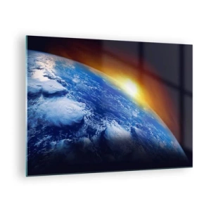 Glasbild - Bild auf glas - Erde im Weltraum, beleuchtet von den Sonnenstrahlen - 70x50cm - Sonnenaufgang über dem blauen Planeten - Moderne Wanddekoration für Wohnzimmer und Schlafzimmer ARTTOR